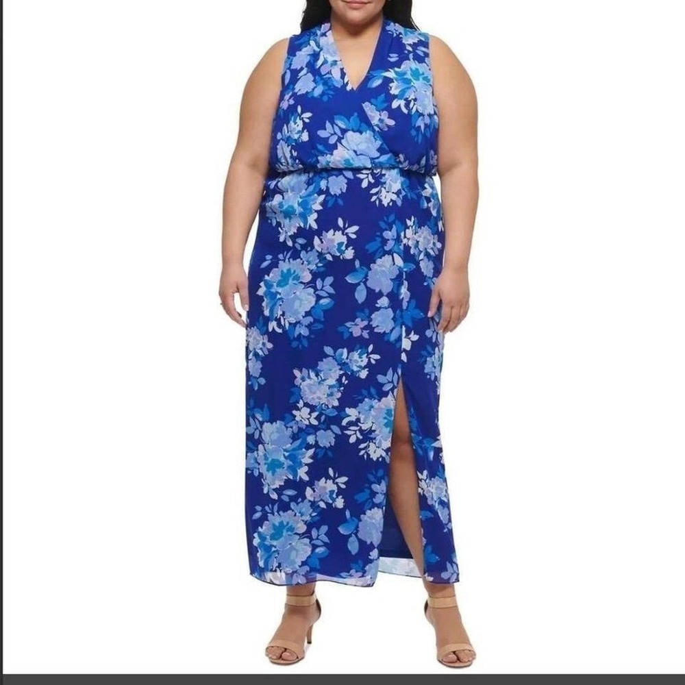 Jessica Howard Maxi Dress Floral Sleeveless Slit Blue Womens Plus Size 18W NEW